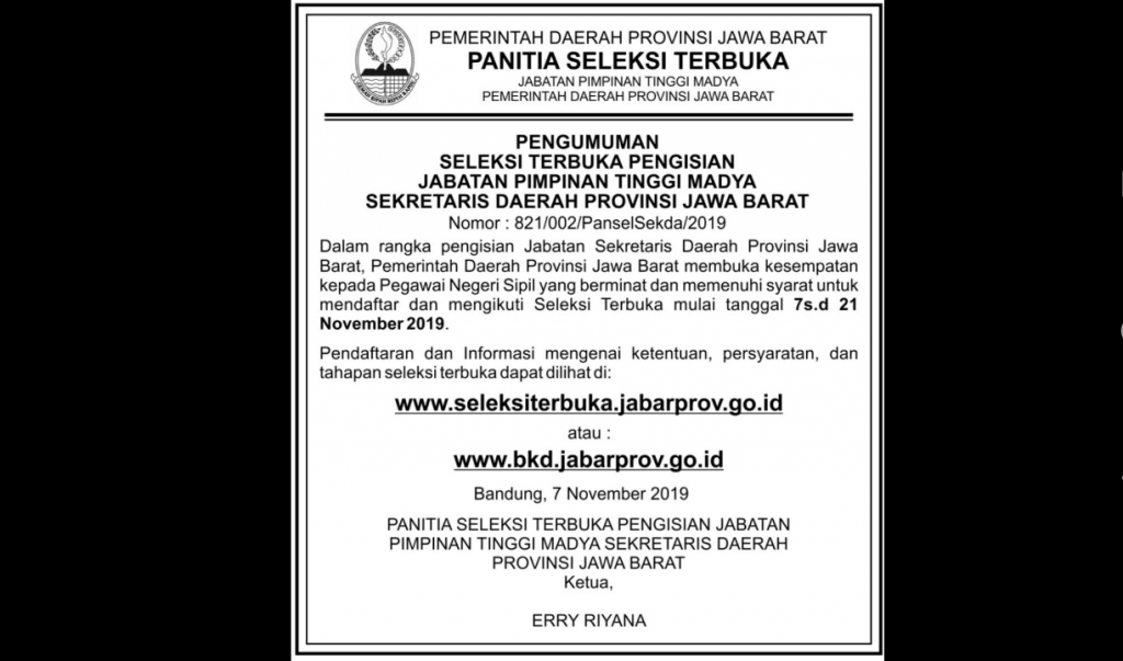 Pendaftaran Open Recruitment Jabatan Sekda Jabar Resmi Dibuka