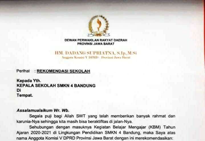 Viral! Surat Rekom Calon Siswa Berkop DPRD Jabar, Ini Kata Sekolah & Dadang Dewan Viral! Surat Rekom Calon Siswa Berkop DPRD Jabar, Ini Kata Sekolah & Dadang Dewan