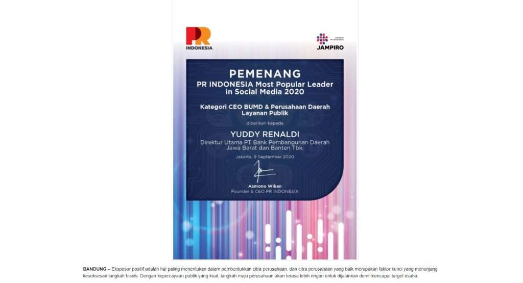 Dirut bank bjb Yuddy Renaldi Raih Penghargaan "Most Popular Leader in Social Media 2020"