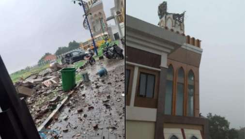 Menara Masjid Islamic Center Patah Lalu Timpa Mobil
