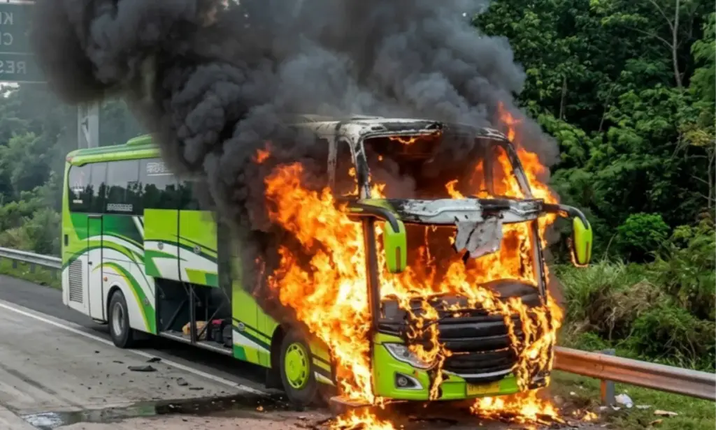 Bus Pariwisata Ludes Terbakar di Tol Cipali KM 95, Lalu Lintas Arah Jakarta Sempat Tersendat Bus pariwisata terbakar