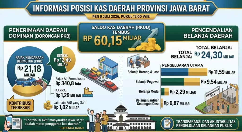 Pajak Kendaraan Dominan, Saldo Kas Daerah Jawa Barat Tembus Rp60,15 Miliar Saldo kas Jabar per 9 Juli 2026
